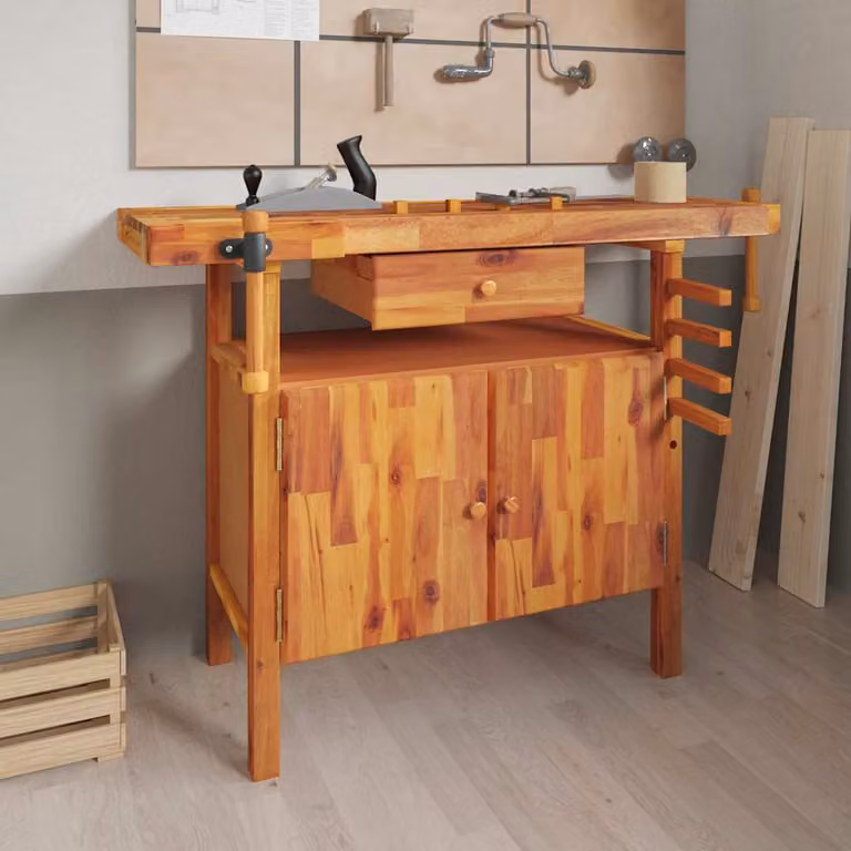 vidaXL Banco da lavoro in legno di acacia marrone con cassetto e morsa L/P/H: 124 x 52 x 83 cm