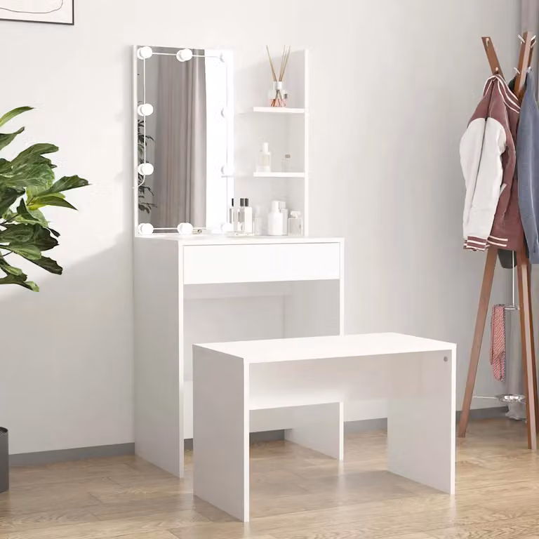 vidaXL Set Tavolo da Toeletta Hollywood LED Bianco in Legno Multistrato L: 140 cm, P: 40 cm, H: 60 cm