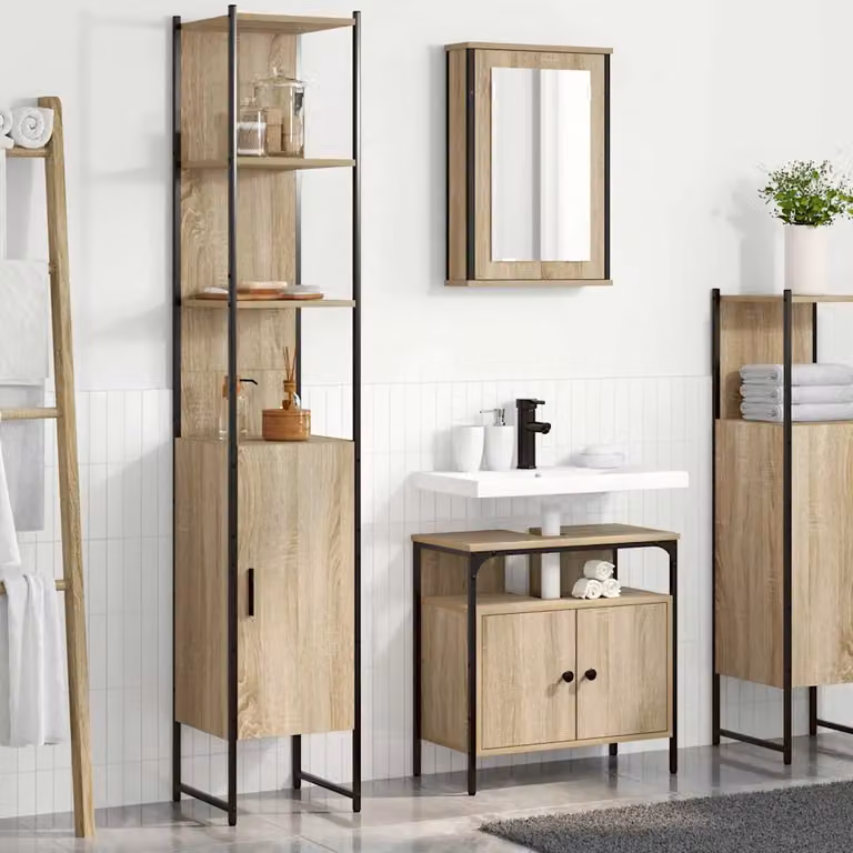 Set di mobili per il bagno moderno vidaXL in 3 pezzi color rovere con armadietto a specchio, mobile lavabo e colonna alta, L/P/H: 42.25 x 33.0 x 185.5 cm