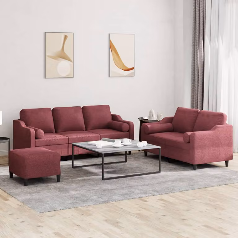 Set di divani vidaXL composto da un divano a 3 posti, un divano a 2 posti e un pouf, in tessuto rosso con cuscini, design moderno per il tuo soggiorno