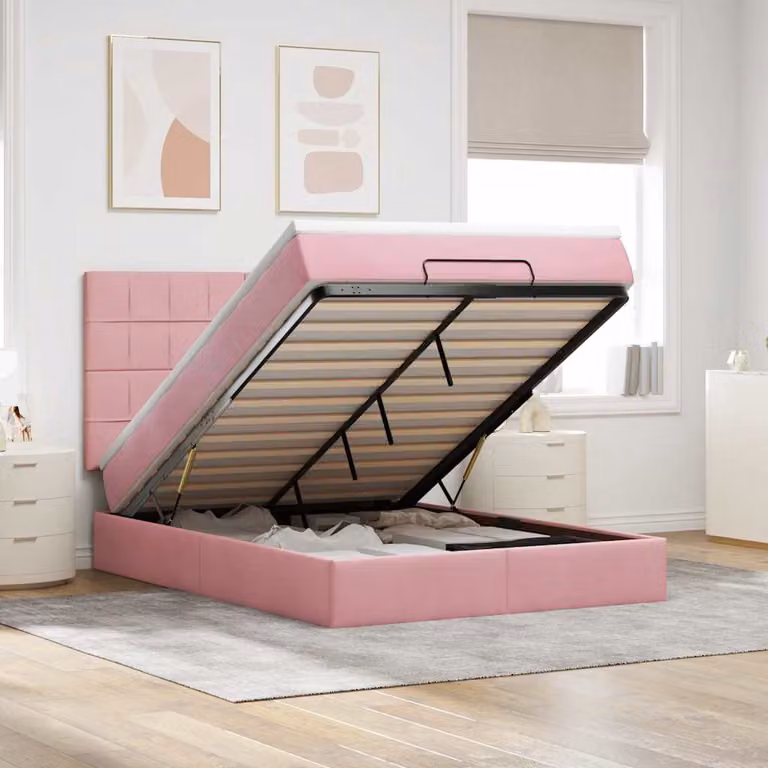 vidaXL Letto con Pouf e Materasso in Velluto Rosa e Bianco, L/P/H: 200 x 140 x 128 cm con Base a Sollevamento, Illuminazione Sotto il Letto e Porte USB