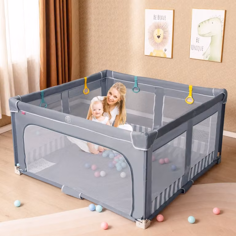 Recinto pieghevole per bambini Costway con cancello a cerniera, Grigio, L/P: 150 x 150 cm