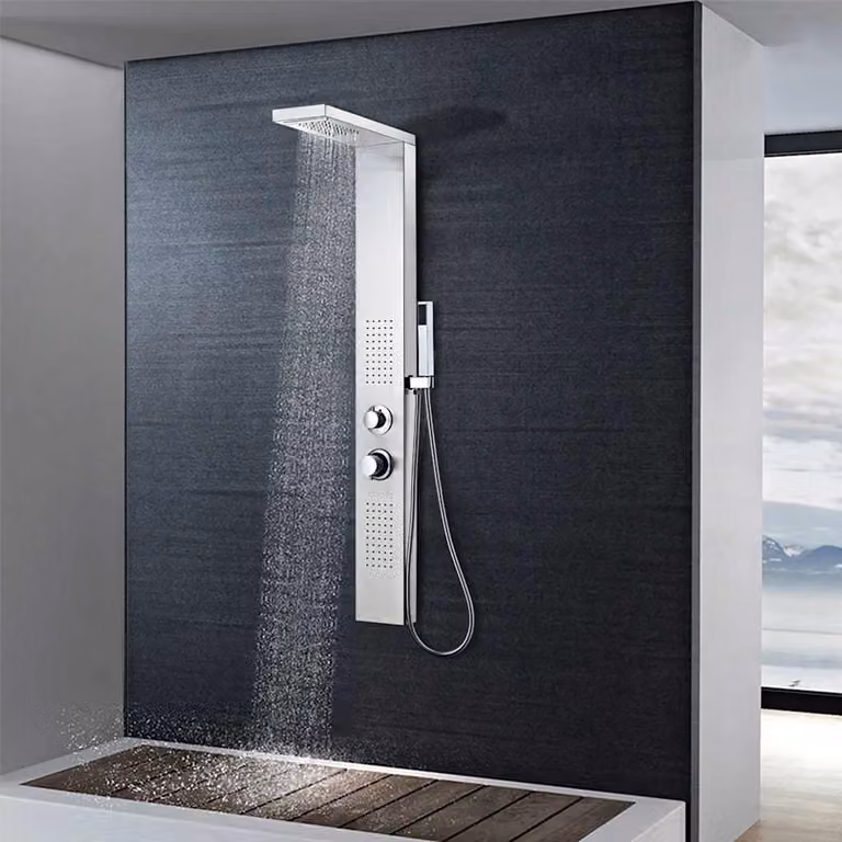 Pannello Doccia vidaXL in Acciaio Inossidabile con Funzione Rain e Massaggio, Colore Argento, H: 130 cm, L: 47 cm, P: 15 cm