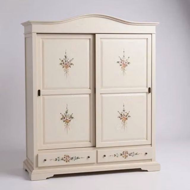 Armadio con 2 ante scorrevoli in stile shabby chic Mobili 2G colore avorio con decori floreali L: 180 cm, P: 67 cm, H: 225 cm