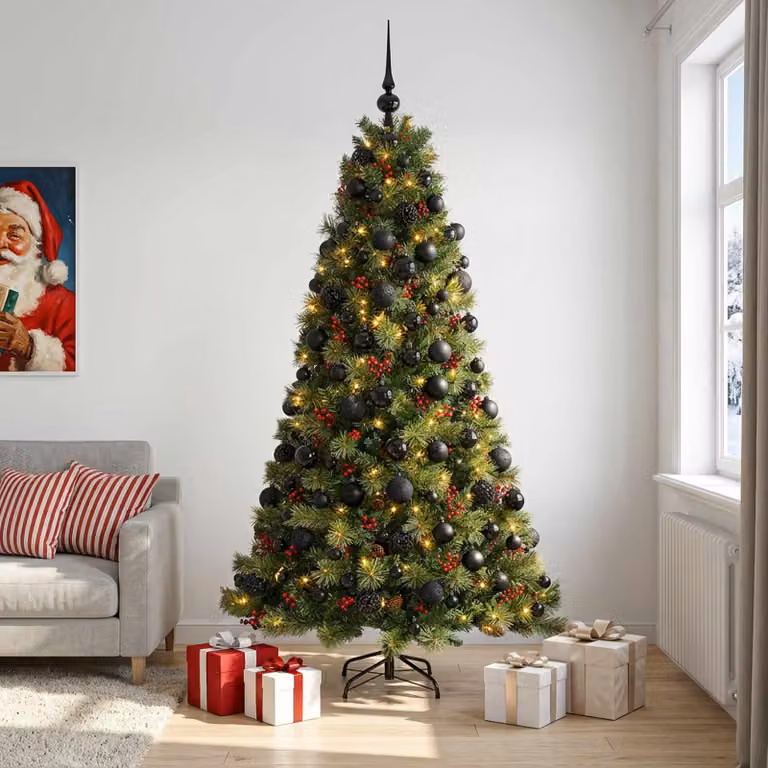 Albero di Natale artificiale verde vidaXL con 300 LED luce bianca calda e decorazioni, Altezza: 180 cm