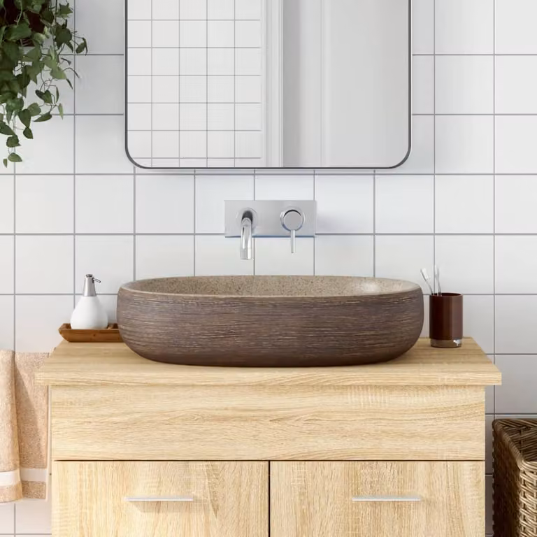 Lavabo da appoggio ovale vidaXL in ceramica, beige e marrone, L: 59 cm, P: 40 cm, H: 14 cm