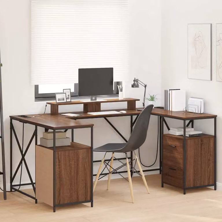 Scrivania da ufficio moderna vidaXL in legno e metallo color rovere marrone L: 182 cm, P: 101 cm, H: 87,5 cm