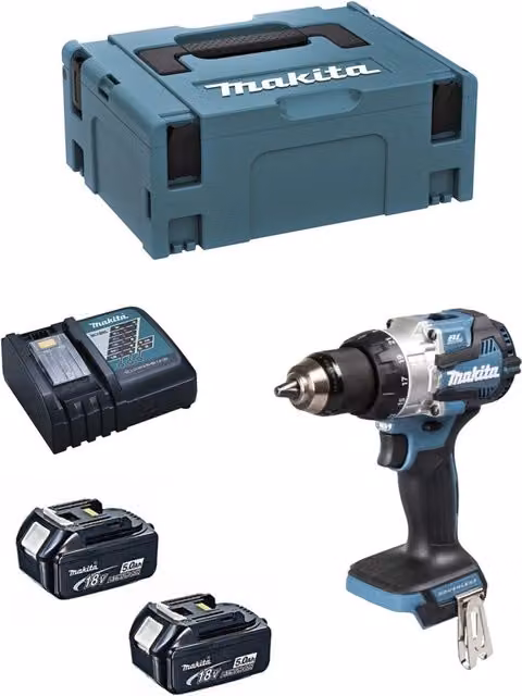 Trapano Avvitatore Makita DDF489RTJ con 2 batterie da 5,0Ah, caricabatterie DC18RC e sistema Makpac 2