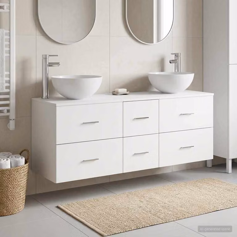 Set di mobili da bagno moderni vidaXL in legno bianco opaco, composto da 3 pezzi con cassetti interni e ante, sospesi a parete, L/P/H: 49,5 x 35 x 63 cm