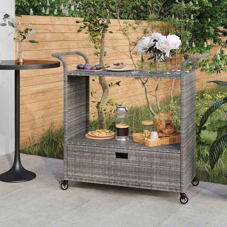vidaXL Carrello da Bar Moderno in Polyrattan Grigio con Cassetto e Ruote L/P/H: 100 x 45 x 97 cm