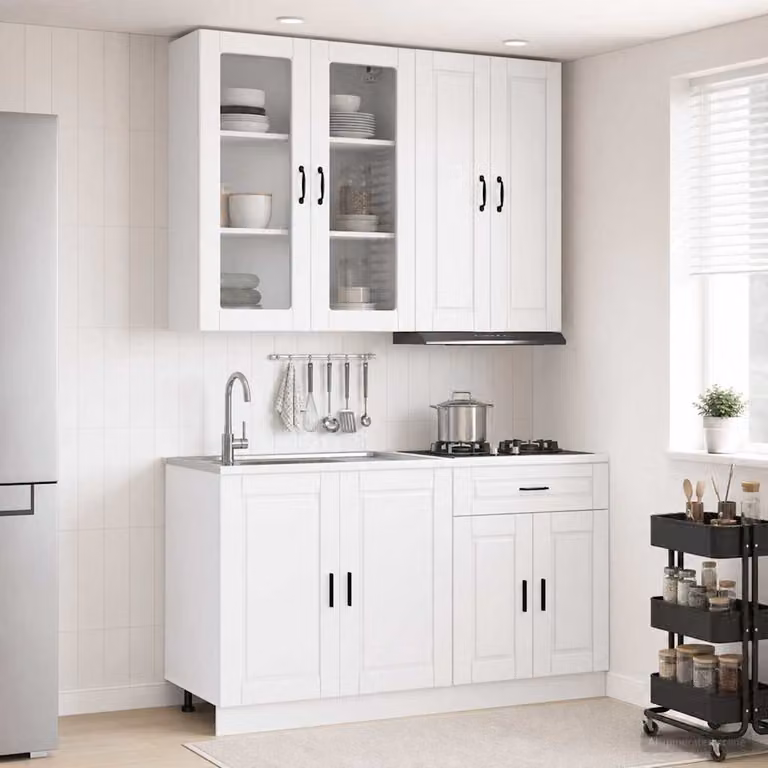 Set di mobili da cucina vidaXL PORTO composto da 4 pezzi in stile moderno, colore bianco lucido, con ante in vetro e ripiani interni in MDF