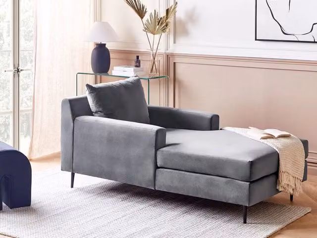 Chaise longue BELIANI in velluto grigio con design moderno a L, reversibile e con cuscini inclusi, L/P/H: 165 x 88 x 73 cm