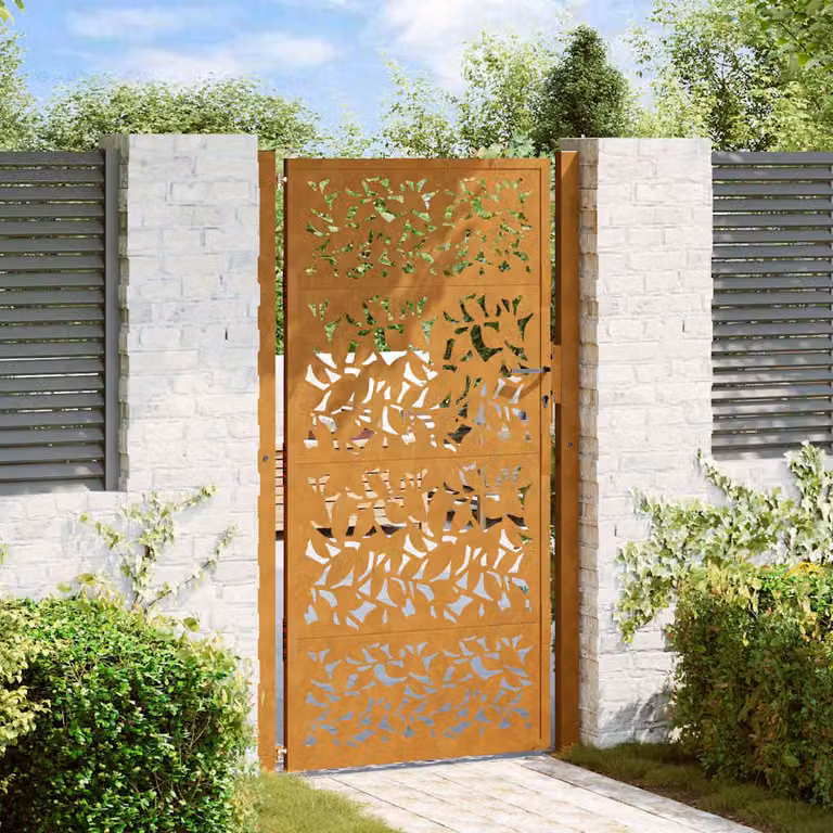 Cancello singolo da giardino vidaXL in acciaio corten marrone con design a foglia L: 110 cm, H: 175 cm