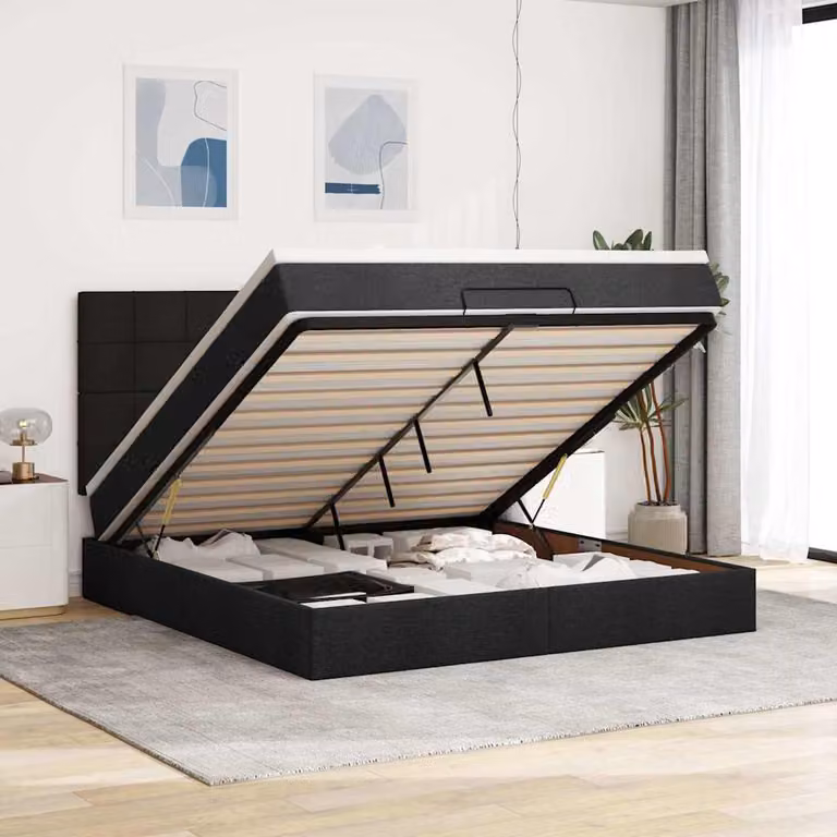 Letto con contenitore e materasso vidaXL in tessuto nero con base a sollevamento, illuminazione sottostante e porta di ricarica USB, L: 180 cm, P: 200 cm, H: 203 cm