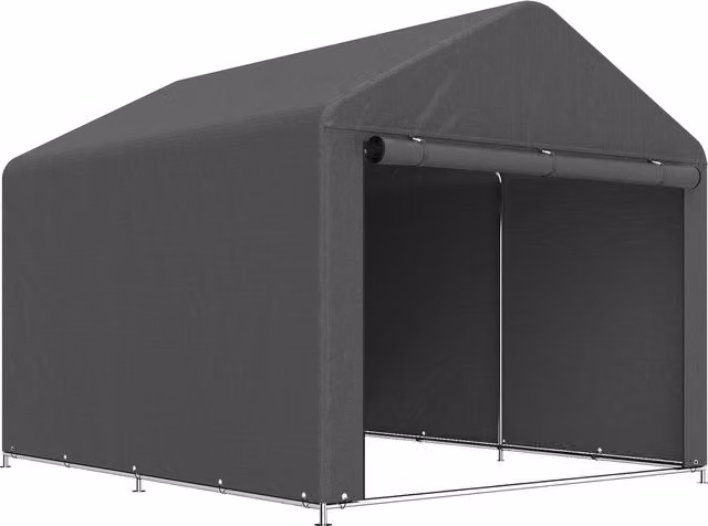 Casetta da giardino Outsunny, riparo impermeabile per moto e deposito con porta avvolgibile, L: 238 cm, P: 200 cm, H: 183 cm, grigio scuro