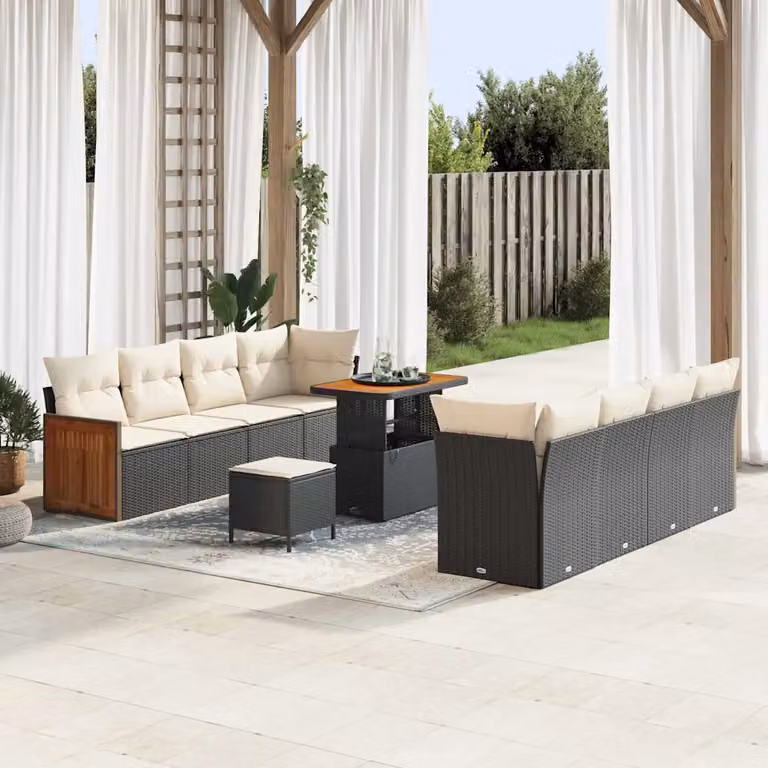 Set Divano da Giardino a L vidaXL in Polyrattan con Cuscini Nero e Beige