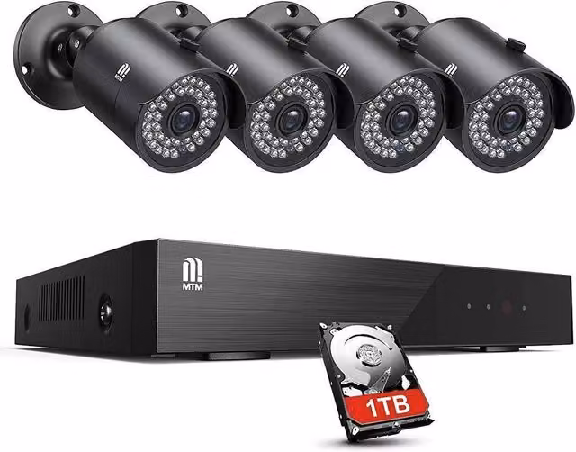 Kit Videosorveglianza Sicurezza Trade Shop con DVR 8 Canali 5MP e 4 Telecamere da Esterno Nere con Tecnologia H.265 e Connessione WiFi via Smart App