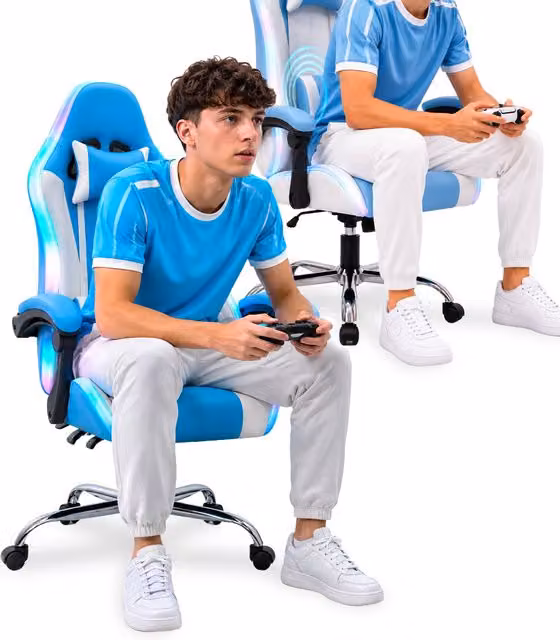 Sedia Gaming Nexor Ergonomica in Faux Leather con Luci RGB, Cuscino Poggiatesta e Supporto Lombare, Poltrona da Ufficio Reclinabile e Ruotante a 360 Gradi, Colori Rosa, Rosso o Blu