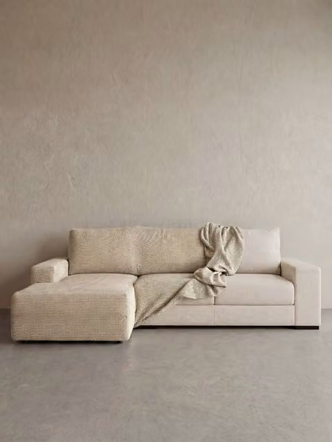 Fodera per divano chaise longue Coven Kenay Home, modello a righe beige e bianco, larghezza 290 cm, con bracciolo corto a sinistra