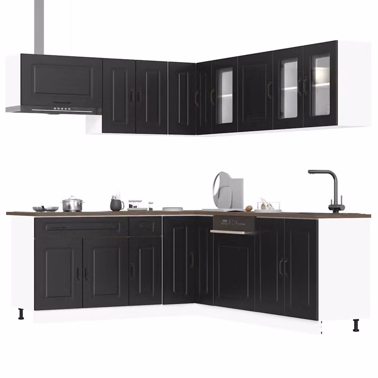 Set di mobili da cucina moderno vidaXL Kalmar composto da 11 pezzi in legno e vetro, colore nero opaco