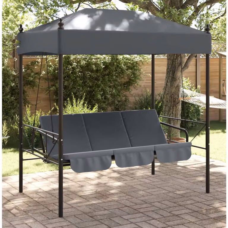 Panchina a dondolo da giardino con baldacchino vidaXL in acciaio grigio, convertibile in letto con cuscini inclusi