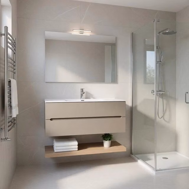 Composizione mobile bagno sospeso con cassetti e specchio mod. TALIA di Taco, colore beige opaco, L 120 x P 45 x H 46 cm