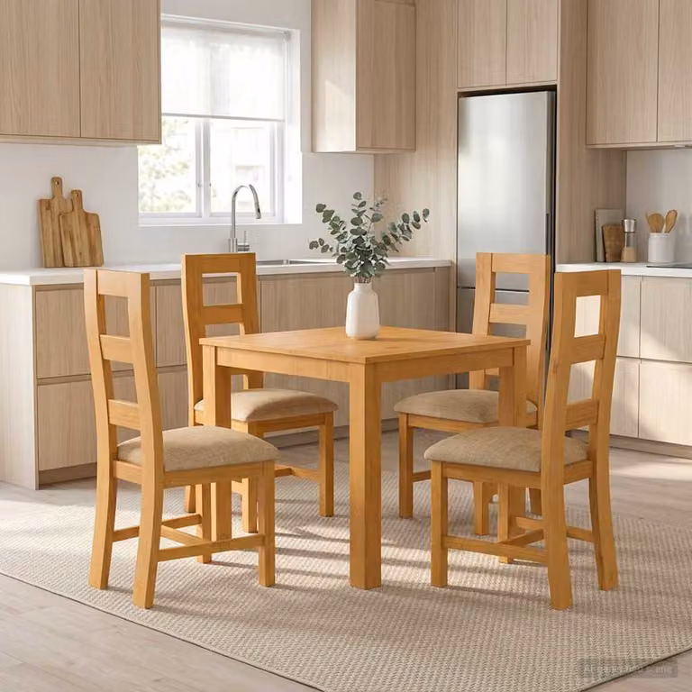 vidaXL Set da pranzo moderno in legno di quercia massello beige, composto da tavolo quadrato e 4 sedie