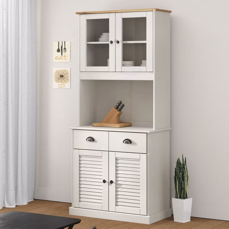 Credenza vidaXL VIGO in legno di pino massello bianco con ante in vetro e ripiani interni L: 78 cm, P: 40 cm, H: 175 cm