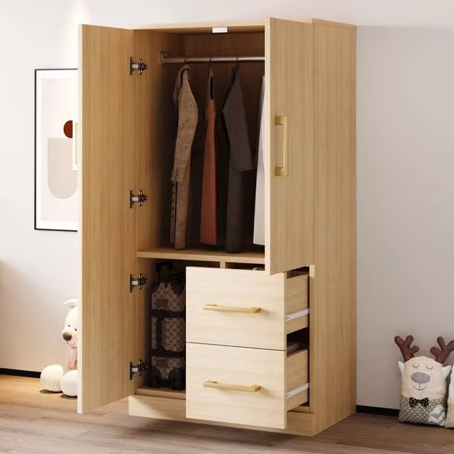 Armadio per bambini Elvmi con doppia anta e cassetti integrati, effetto legno naturale beige e marrone, L: 70 cm, P: 40 cm, H: 135 cm
