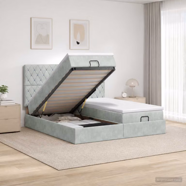 Letto ottomano con materasso 2 pz vidaXL in velluto grigio e bianco, base con contenitore a sollevamento, L/P/H: 200 x 200 x 88 cm