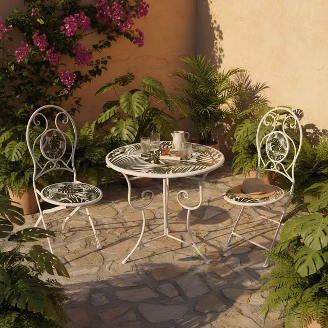 Set tavolo da giardino rotondo e 2 sedie in acciaio verniciato bianco con decoro floreale