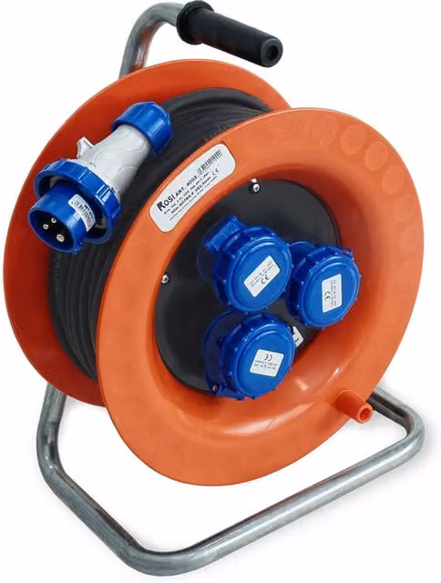 Avvolgicavo Industriale Rosi 4002 Rosso con 30 m di cavo H07RN-F 3G2.5 mm², 3 prese CEE 16A e protezione IP67