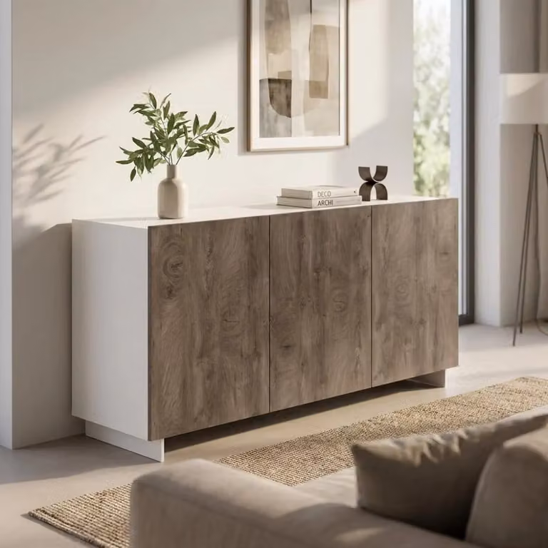 Cosma Credenza Moderna Bianco e Rovere Chiaro L: 150 cm, P: 41,5 cm, H: 76 cm