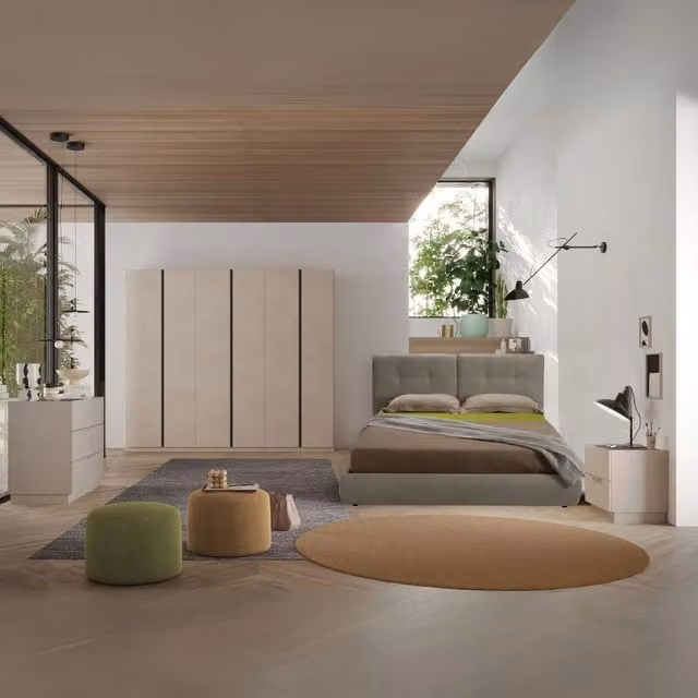 Set camera da letto moderna Musto con letto contenitore imbottito e armadio, colore antracite e beige, L/P/H: 220 x 180 x 109 cm