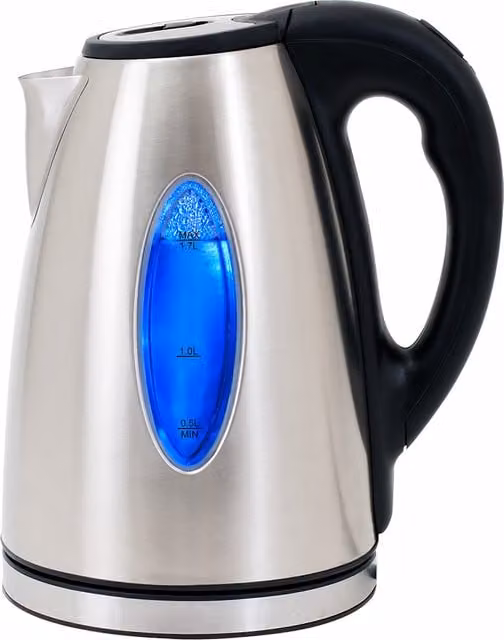 Bollitore elettrico Deuba in acciaio inox e vetro, capacità 1,7 l, 2200 W, colori nero e argento con filtro anticalcare e spegnimento automatico