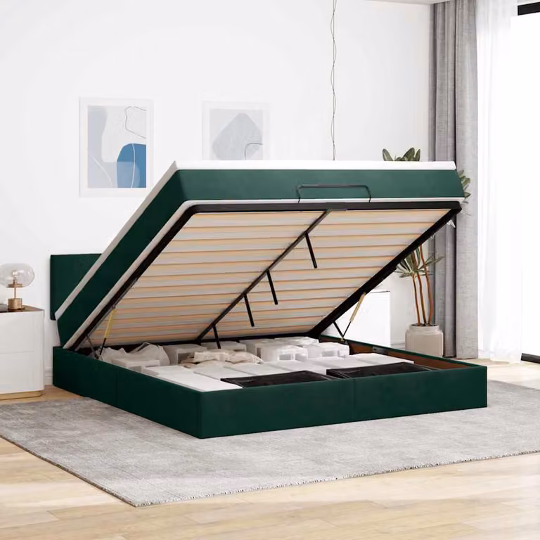 Struttura Letto con Materasso e Pouf vidaXL in Velluto Verde e Bianco, con Base a Sollevamento, Illuminazione Sotto il Letto e Porte USB, L/P/H: 203 x 160 x 88 cm