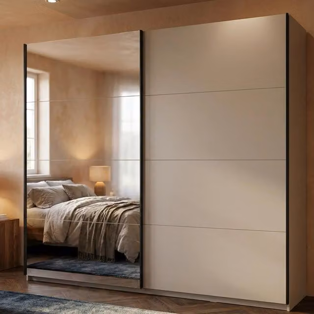 Armadio con ante scorrevoli DMORA Laghi per camera da letto, Bianco Crema, L: 245 cm, H: 218 cm, P: 62 cm