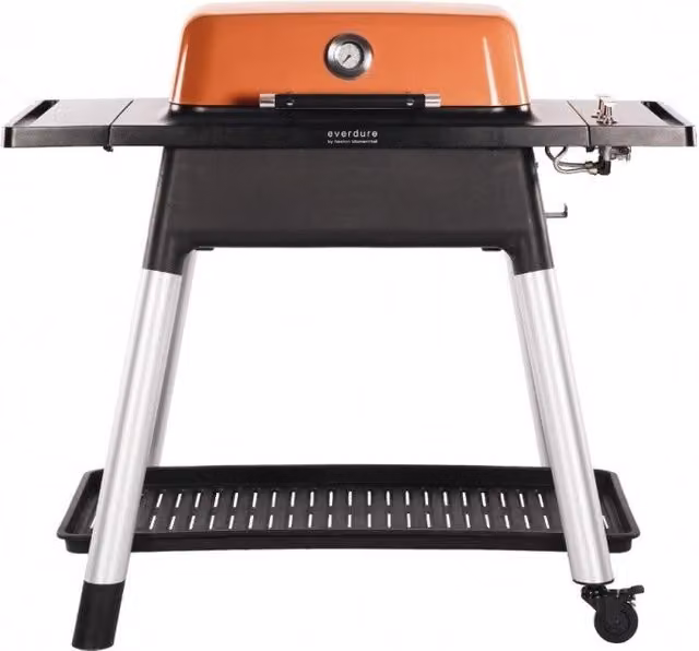 Barbecue a gas Everdure FORCE di Heston Blumenthal in alluminio arancione con ruote e rack riscaldante