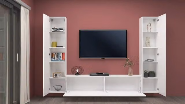 Parete attrezzata sospesa moderna Vibe WH Shopinnotivo bianca lucida con mobile TV e 2 armadi