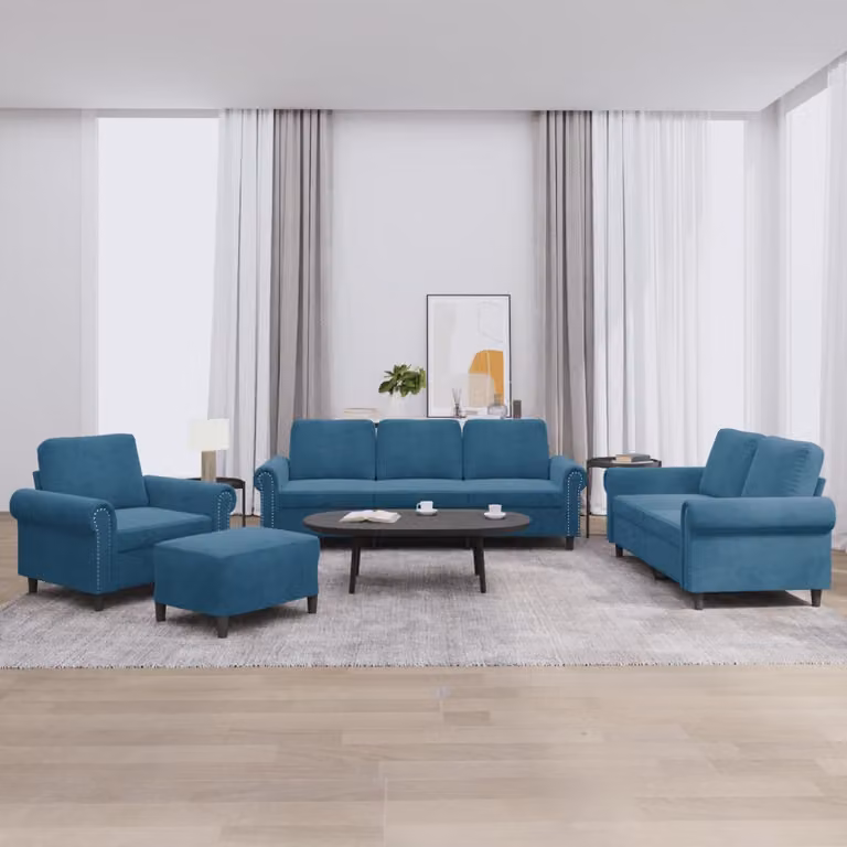 vidaXL Set di Divani 4 pz in Velluto Blu con Ottoman e Cuscini per Soggiorno Moderno