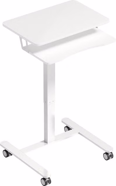 Scrivania da ufficio regolabile in altezza HOMCOM con ripiano per tastiera e ruote, telaio in metallo e piano in MDF bianco