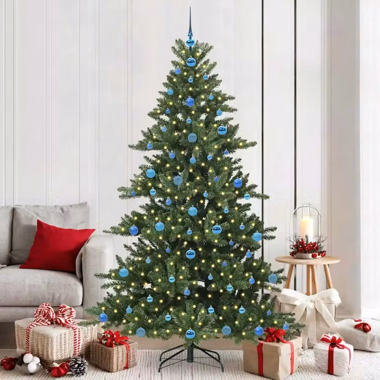 Albero di Natale Artificiale vidaXL Verde con Luci LED Warm White e Rami Pieghevoli, Altezza: 210 cm