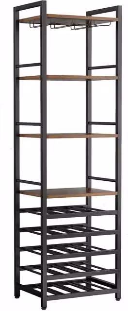 Scaffale industrial in metallo e legno con portabicchieri e porta bottiglie per cucina e sala da pranzo, multicolore nero opaco