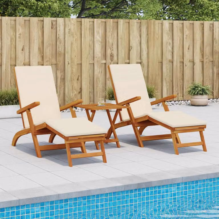 Set di 2 lettini prendisole reclinabili e pieghevoli vidaXL in legno di acacia marrone e beige con poggiatesta regolabile