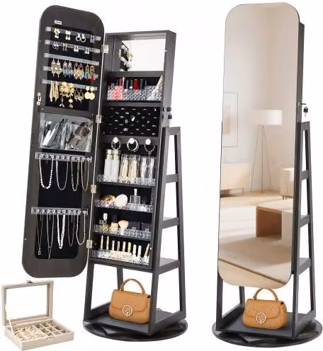 Armadietto Portagioielli Girevole Vevor Nero con Specchio a Figura Intera e Scomparti per Accessori, Altezza: 160 cm