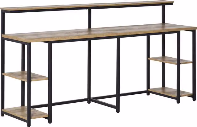Scrivania Doppia HOMCOM in Stile Industriale con Scaffali e Mensola per Monitor, Metallo e MDF, L/P/H: 200 x 53 x 100 cm, Nero Marrone