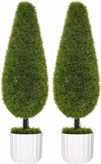 Set di 2 Piante Finte di Cipresso HOMCOM con Vasi in Cemento e Muschio, Colore Verde e Bianco, Diametro: 12 cm, Altezza: 16 cm