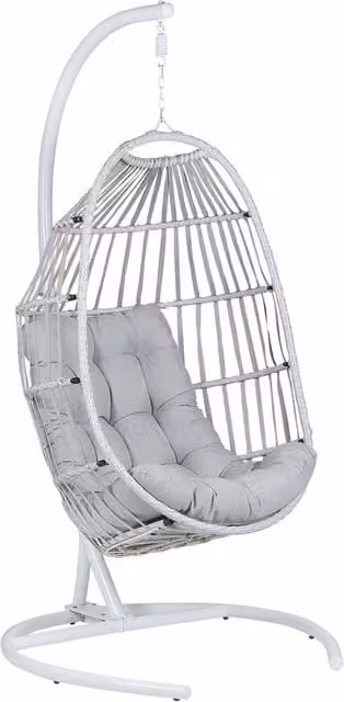 Poltrona Sospesa Egg Beliani in Rattan Grigio con Piedistallo in Metallo e Cuscini UV-Resistenti Stile Boho Moderno L/P/H: 105 x 105 x 198 cm