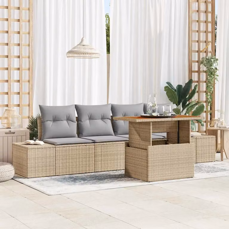 Set Divano da Giardino vidaXL 5 Pezzi in Polyrattan Beige con Cuscini e Tavolino