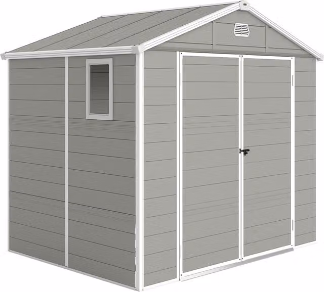 Casetta da giardino Outsunny con tetto a due falde e capanno per attrezzi, Grigio, L: 240 cm, P: 190 cm, H: 180/228 cm